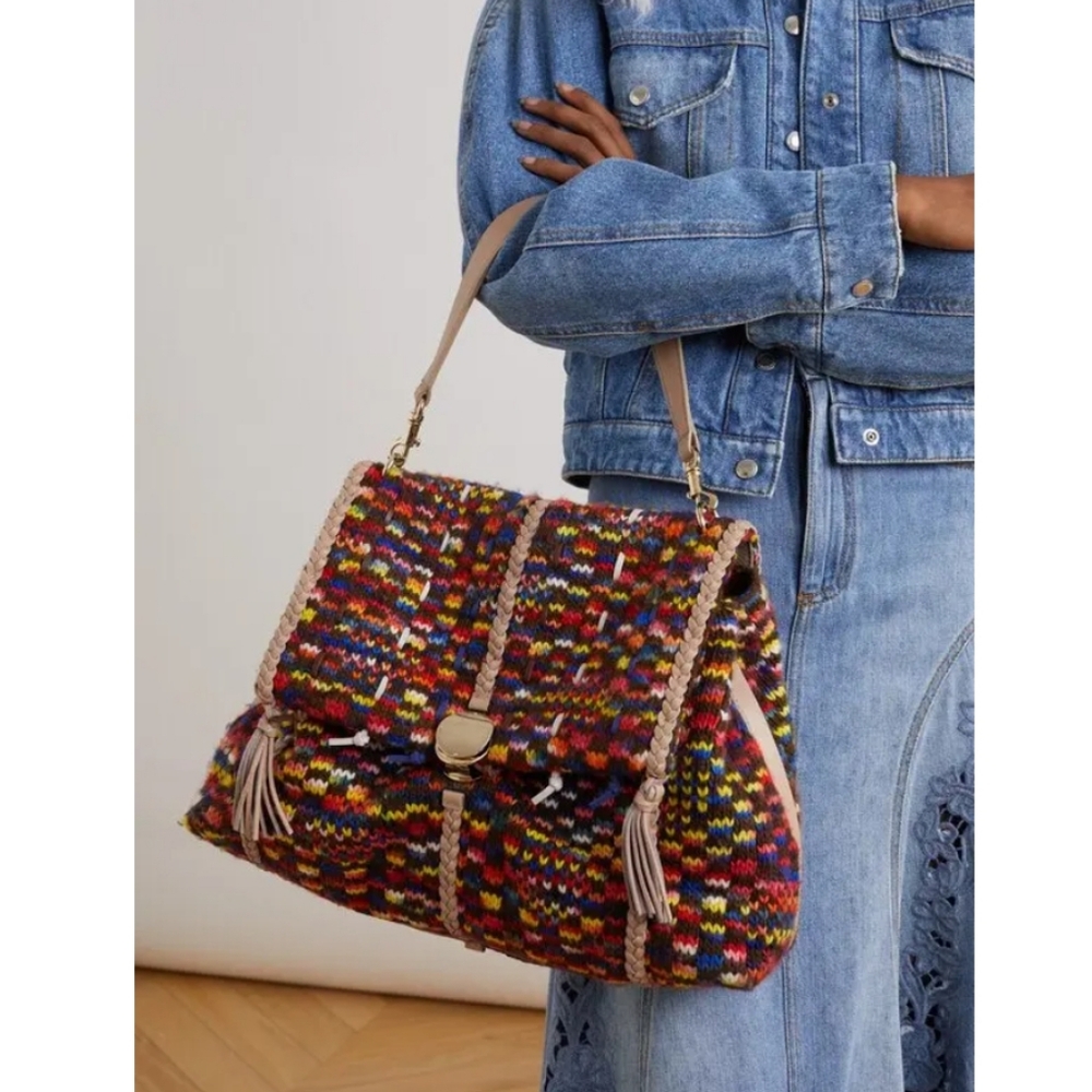 Chloé Penelope Large Braided Wool Leather Shoulder Bag Multicolor